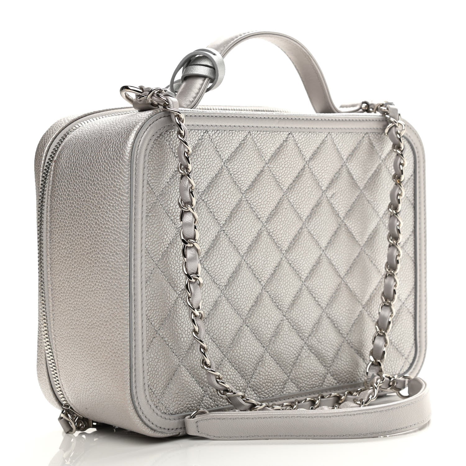 Chanel Metallic Caviar Quilted Large CC Filigree Vanity Case Silver 3 of 13