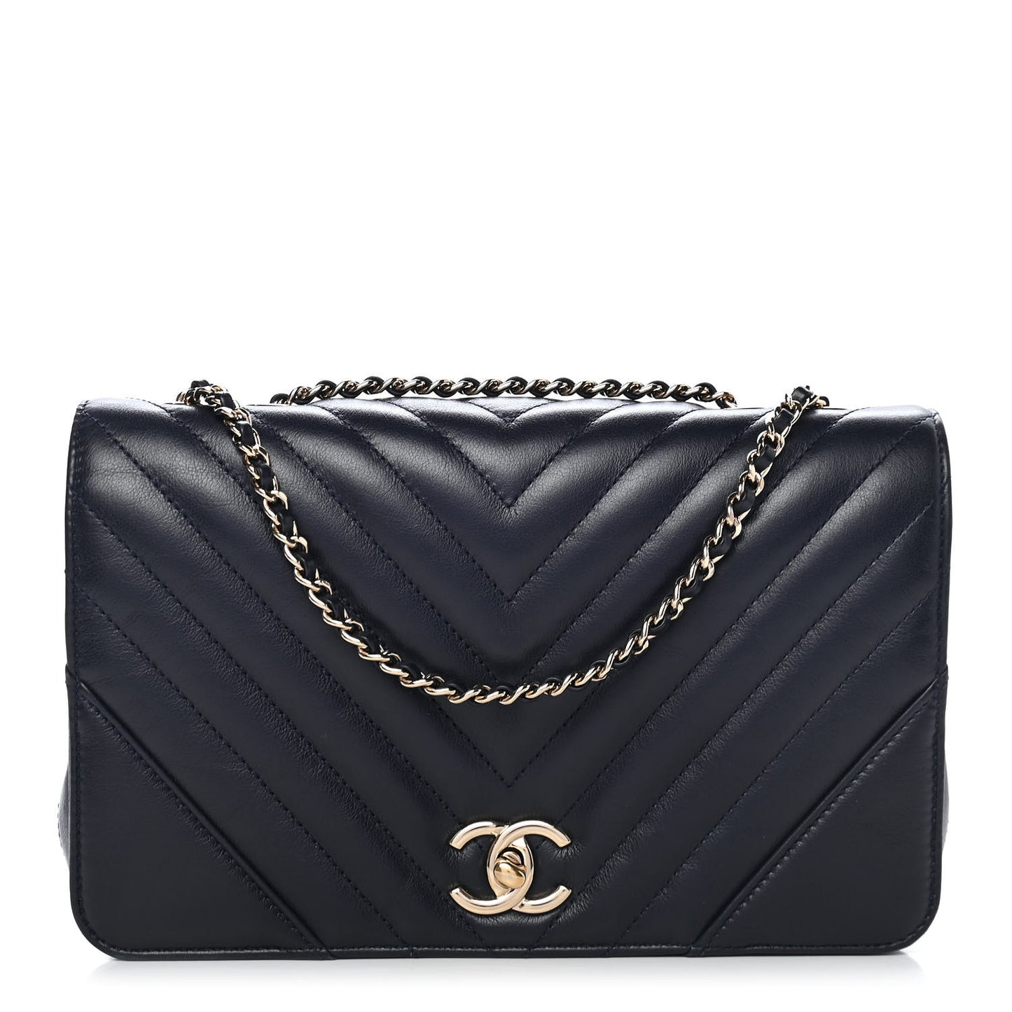 Calfskin Chevron Quilted Small Statement Flap Navy