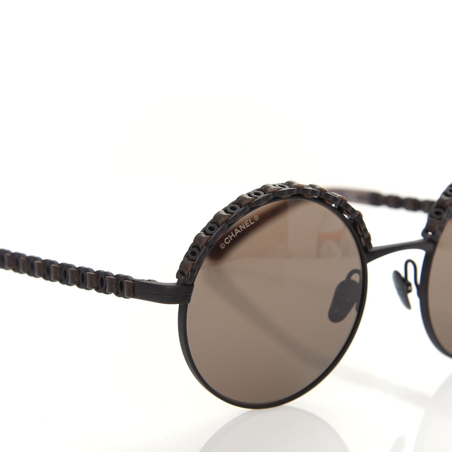Metal Calfskin Round Chain Sunglasses 4265-Q Brown