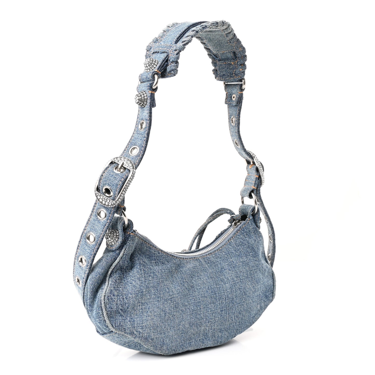 Washed Frayed Denim Crystal Small Le Cagole Shoulder Bag XS Blue