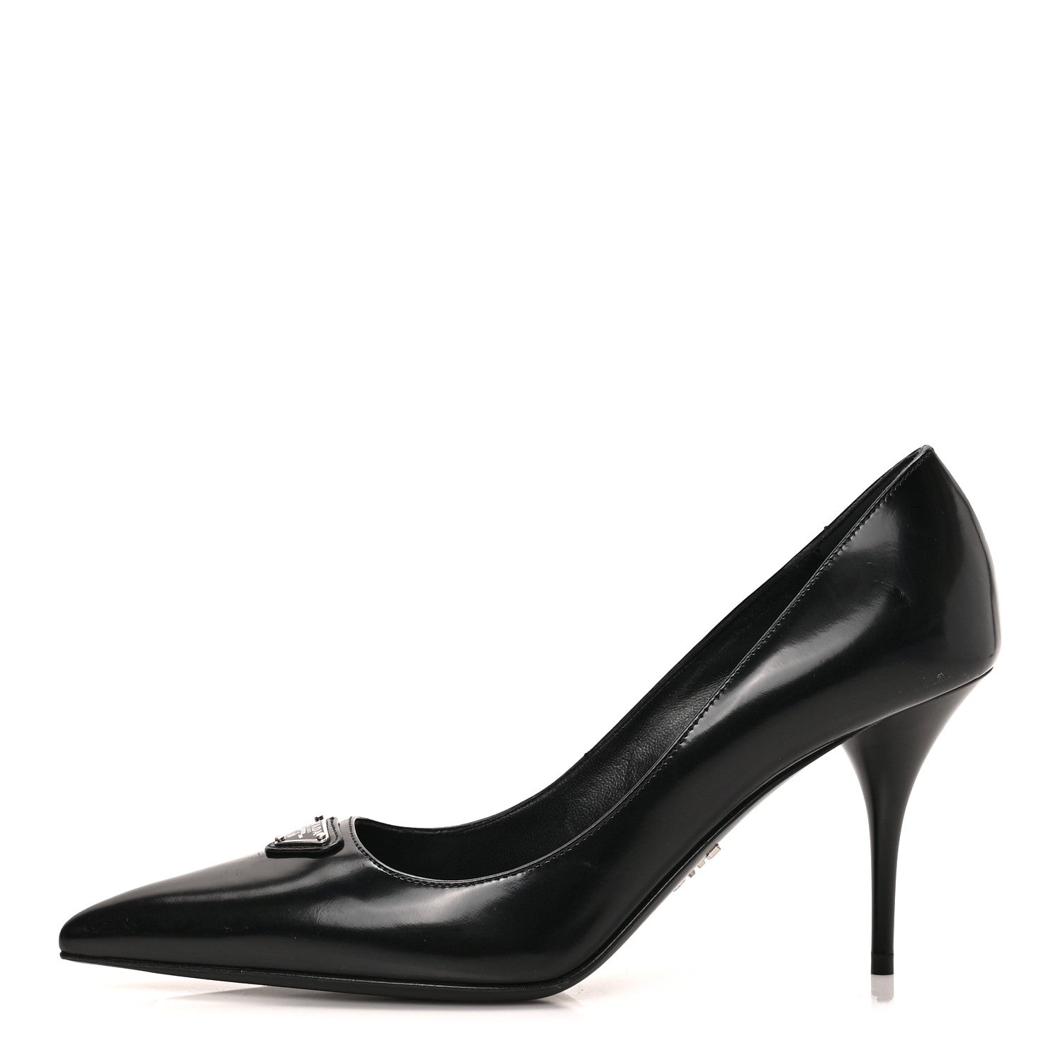 Prada Spazzolato Metal Triangle Logo Pointed Toe Pumps 36.5 Black 1 of 7
