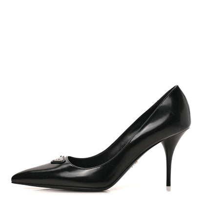 Prada Spazzolato Metal Triangle Logo Pointed Toe Pumps 36.5 Black 1 of 7