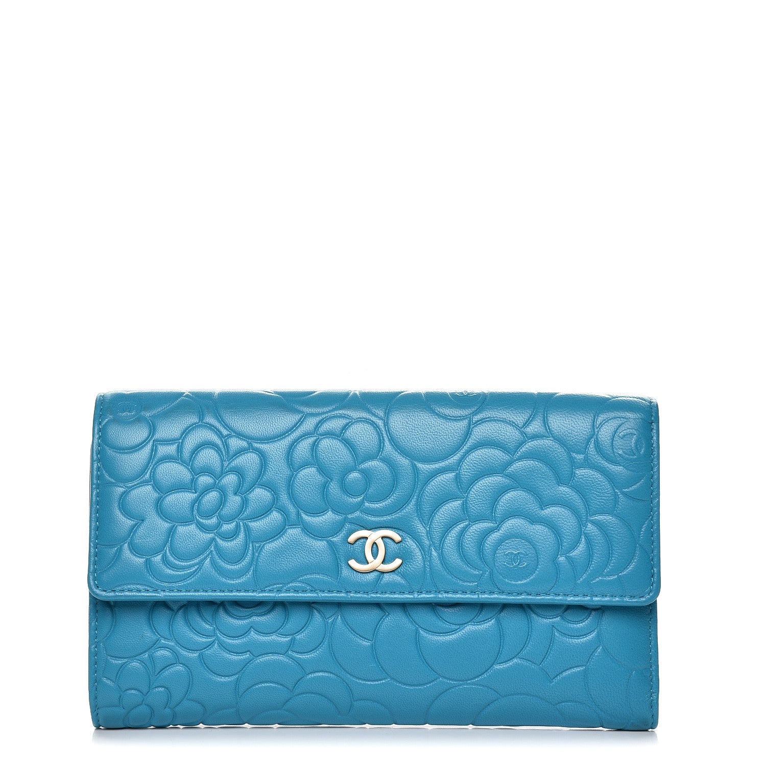 Chanel Lambskin Embossed Camellia Large Flap Wallet Turquoise 1 of 8