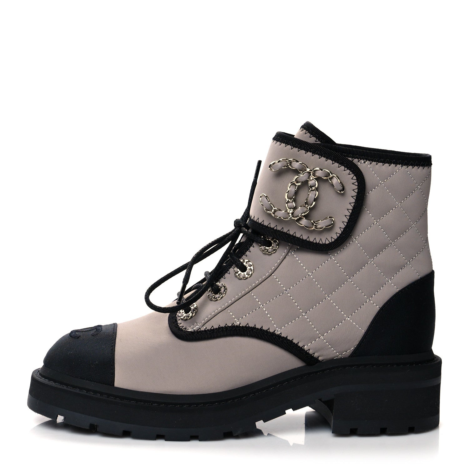 Chanel Fabric Grosgrain Quilted Cap Toe Lace Up Combat Boots 37.5 Gray 1 of 7