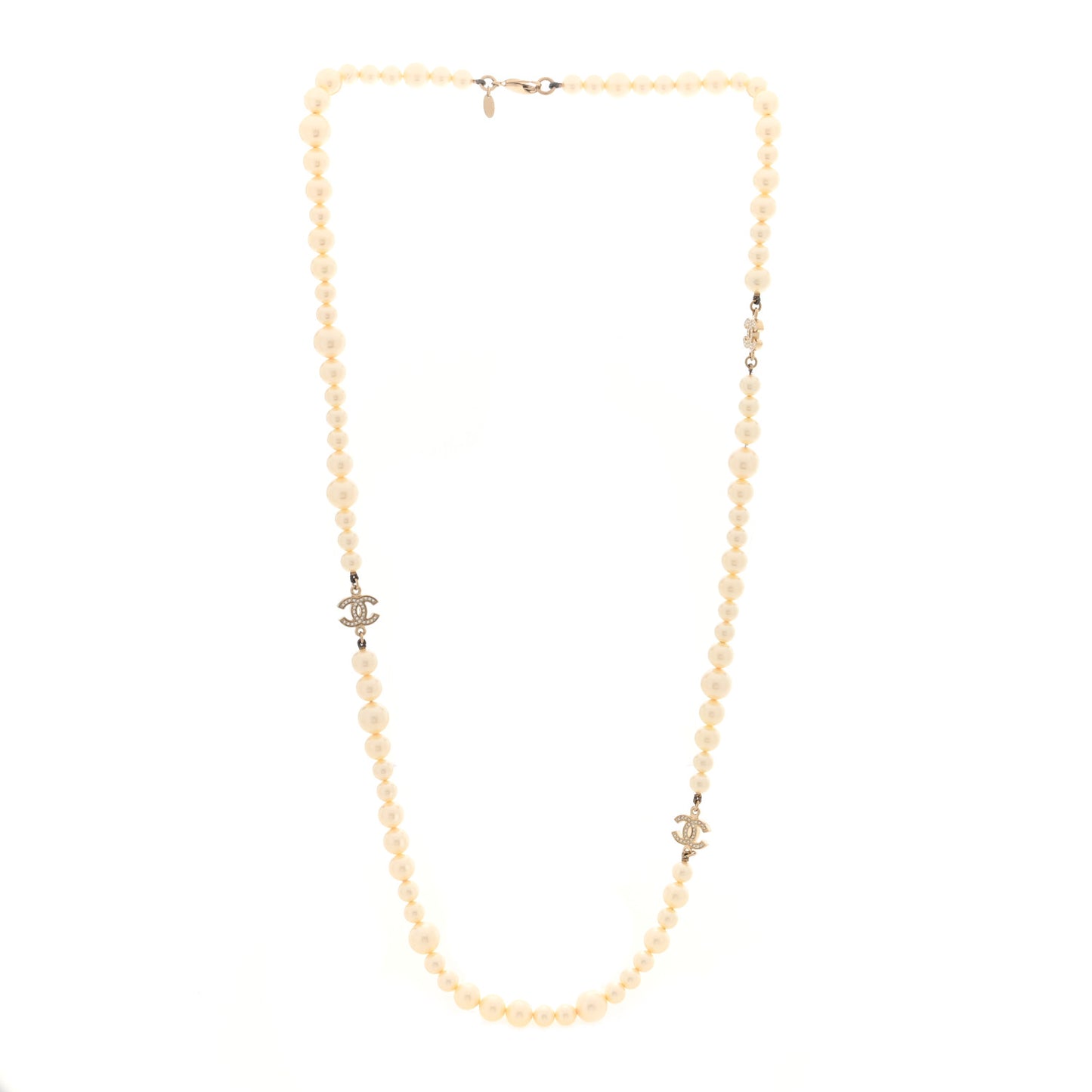 Graduated Pearl Crystal CC Long Necklace Light Gold