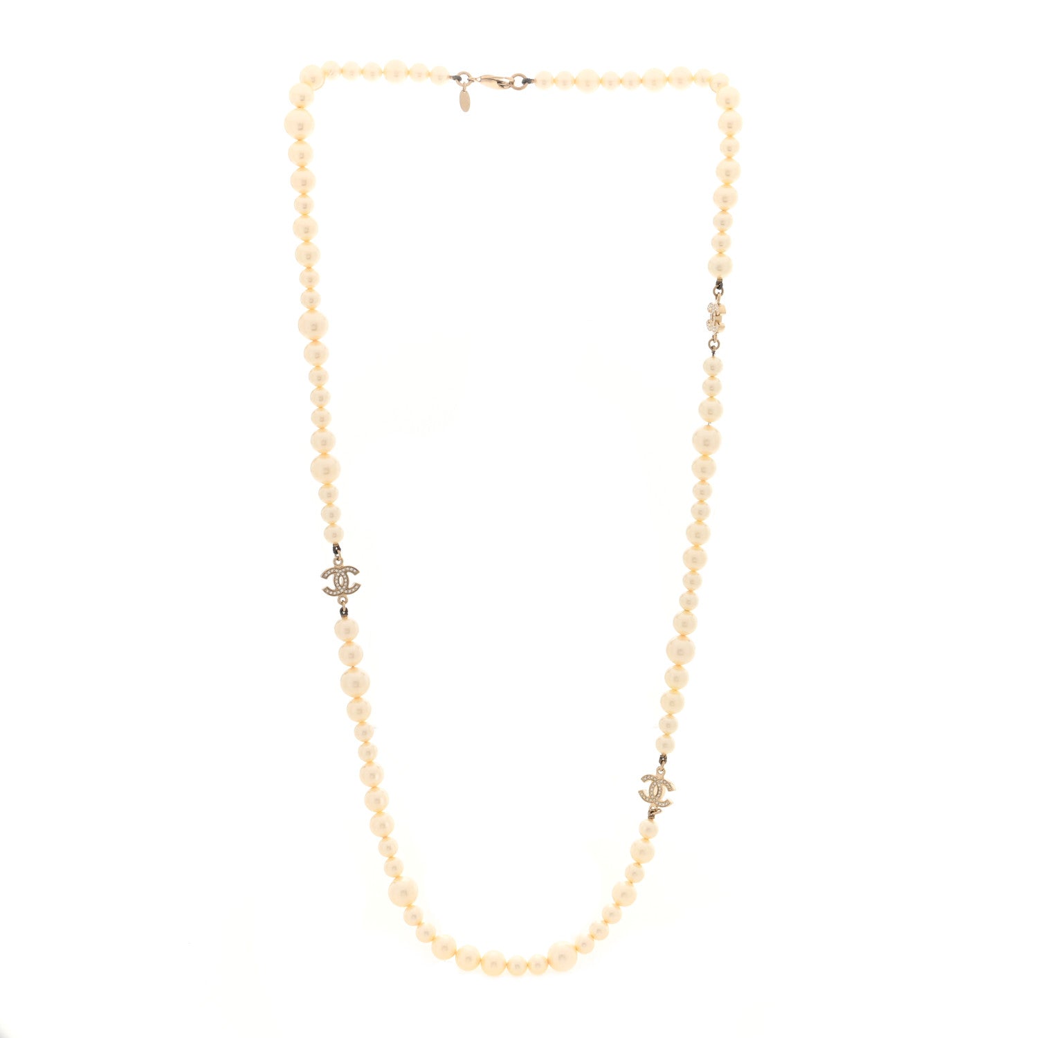 Chanel Graduated Pearl Crystal CC Long Necklace Light Gold 3 of 5