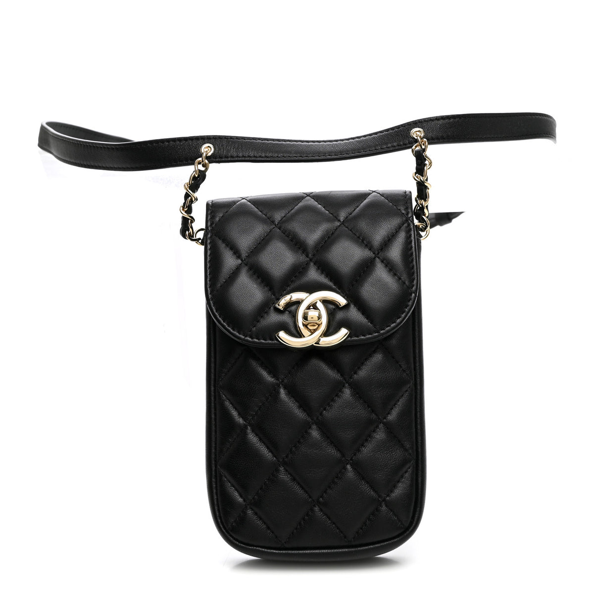 Lambskin Quilted Phone Chain Clutch Waist Bag Black