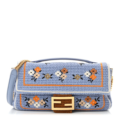 Fendi Cotton Vitello Seta Floral Woven Chain Baguette Azzurro Multicolor 1 of 10