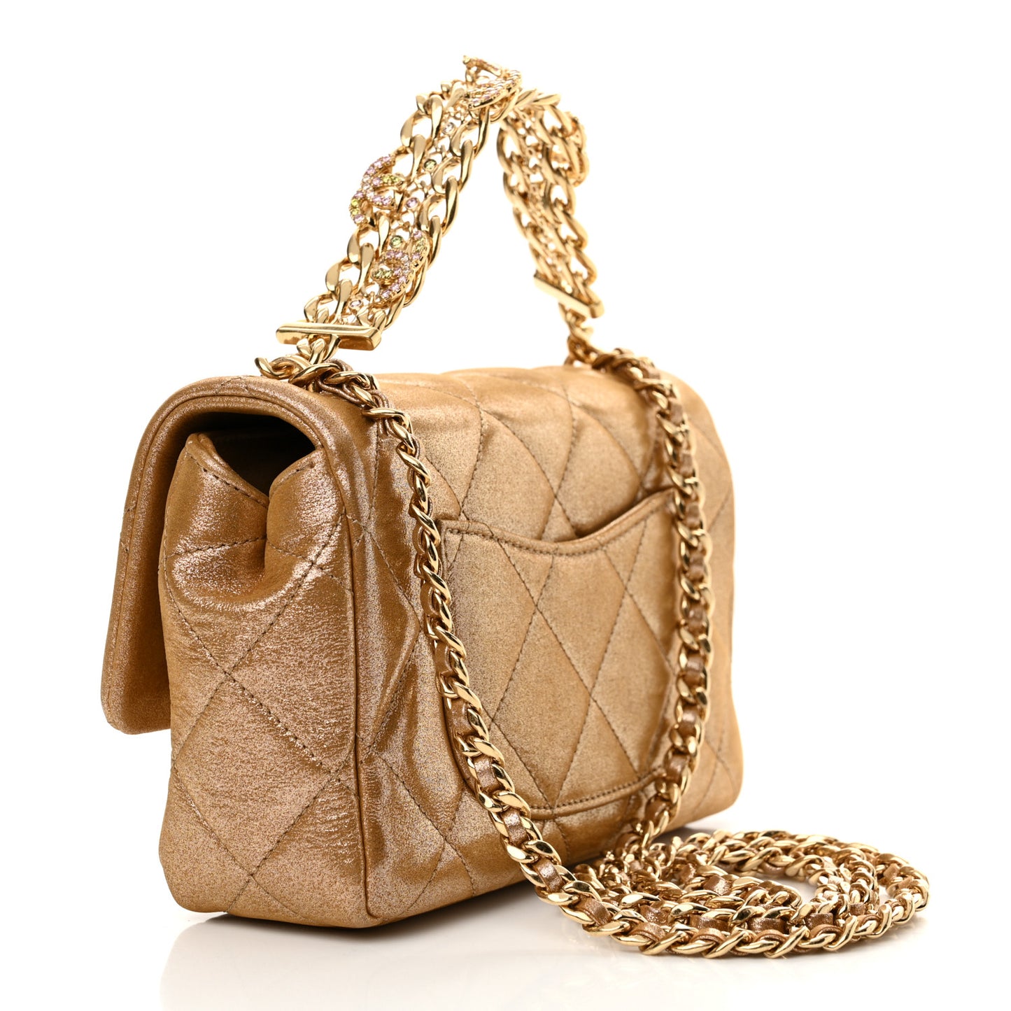 Metallic Lambskin Quilted Mini CC Crystal Logo Chain Flap Gold