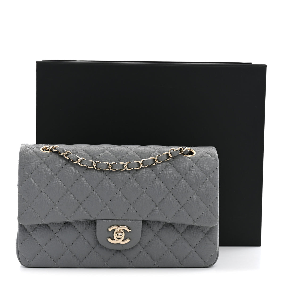 Caviar Quilted Medium Double Flap Grey