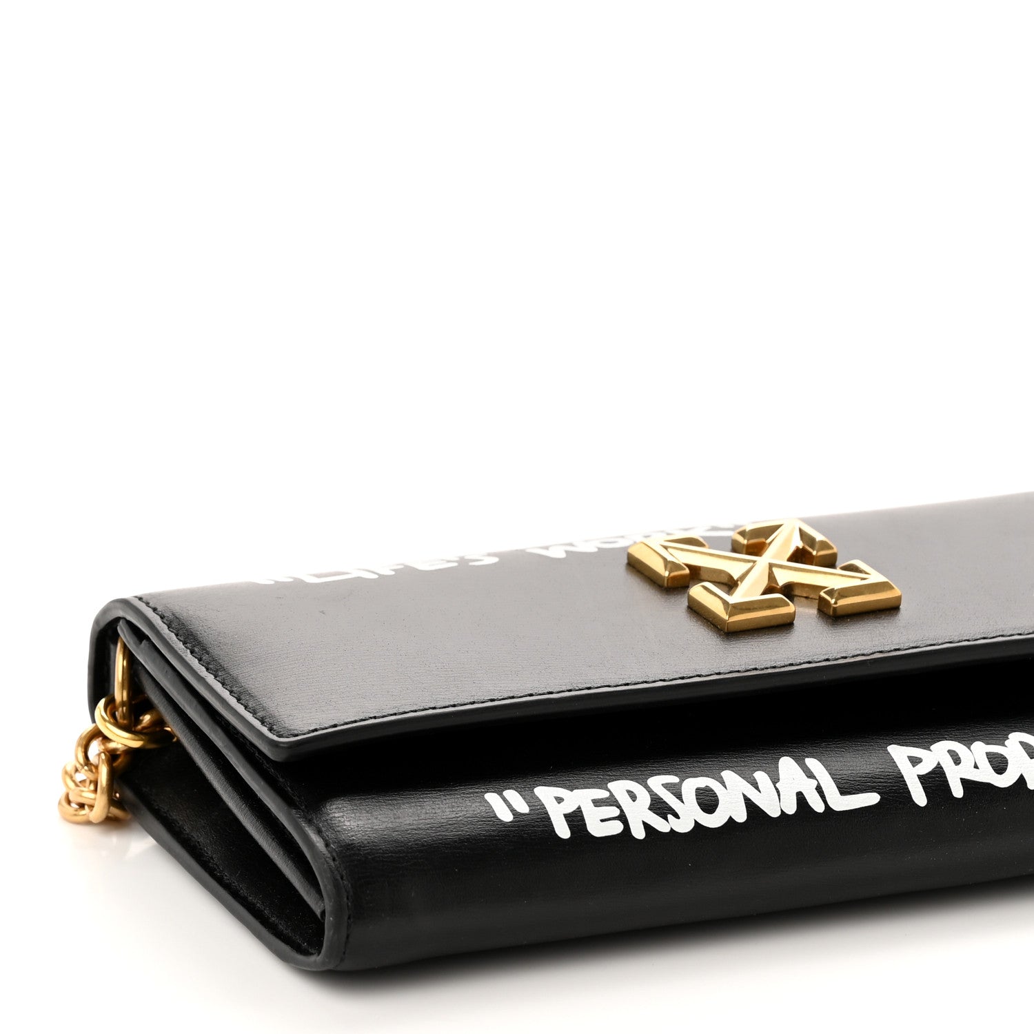 Off-White Calfskin Jitney Logo Flap Wallet On Chain Black 7 of 9
