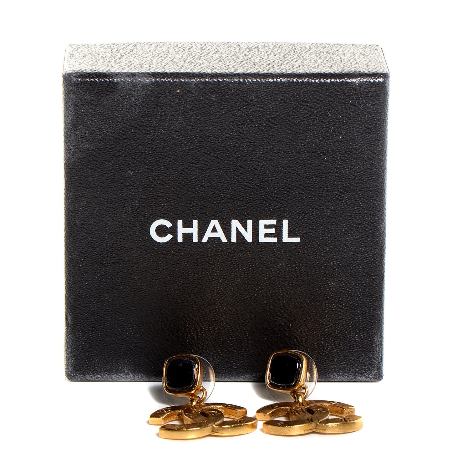Black Stone CC Dangle Earrings Gold