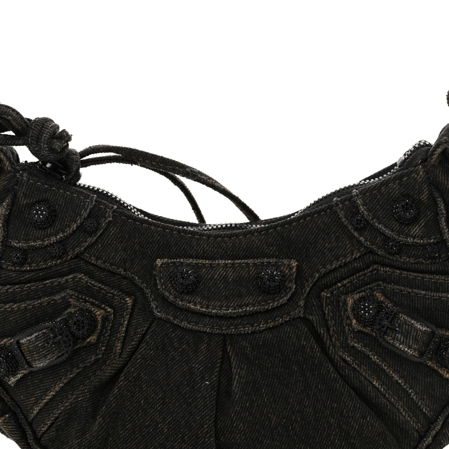 Washed Frayed Denim Crystal Le Cagole Shoulder Bag XS Black