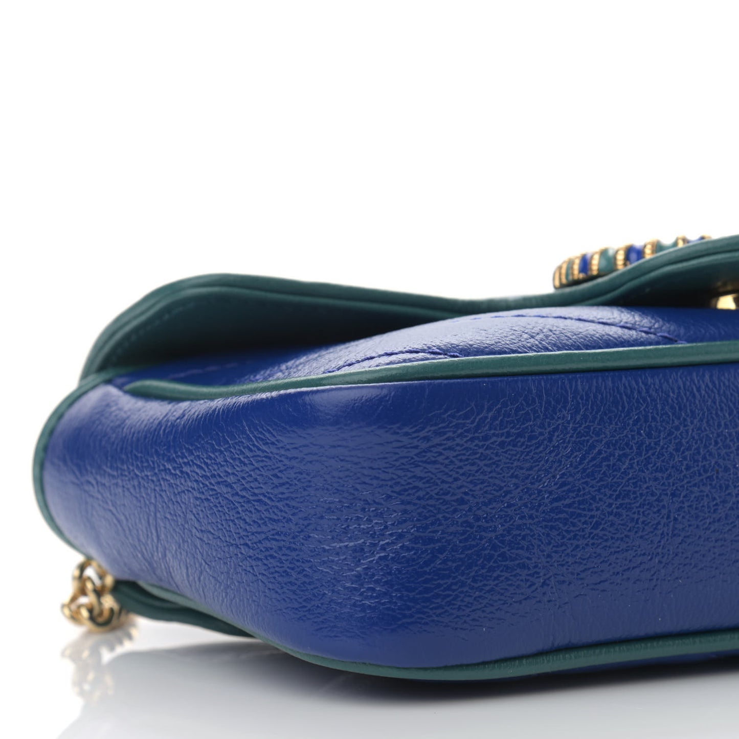 Azalea Calfskin Enamel Matelasse Diagonal Super Mini Torchon GG Marmont Shoulder Bag Imperial Blue Pavone