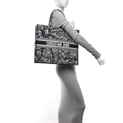 Christian Dior Canvas Embroidered Large Plan De Paris Book Tote Black White 2 of 14