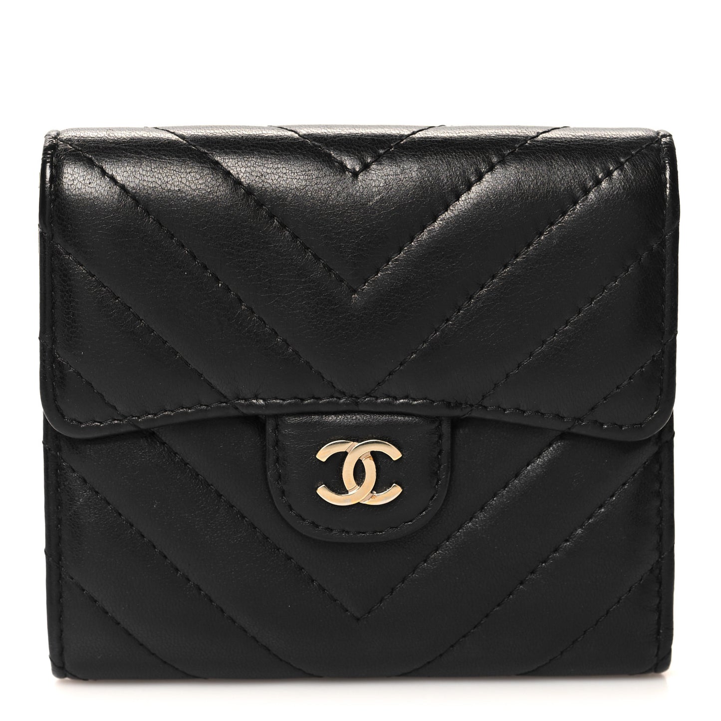 Lambskin Chevron Quilted Compact Flap Wallet Black