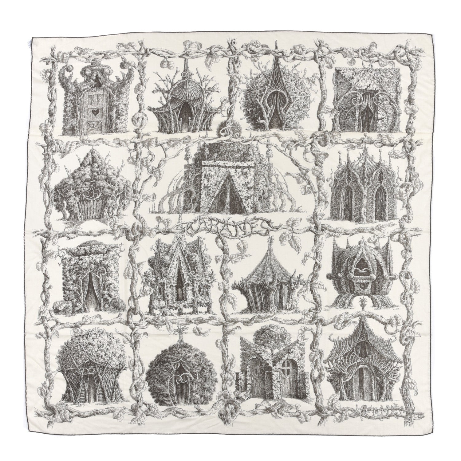 Hermes Cashmere Silk Les Cabanes Shawl 140 White Sepia 1 of 7