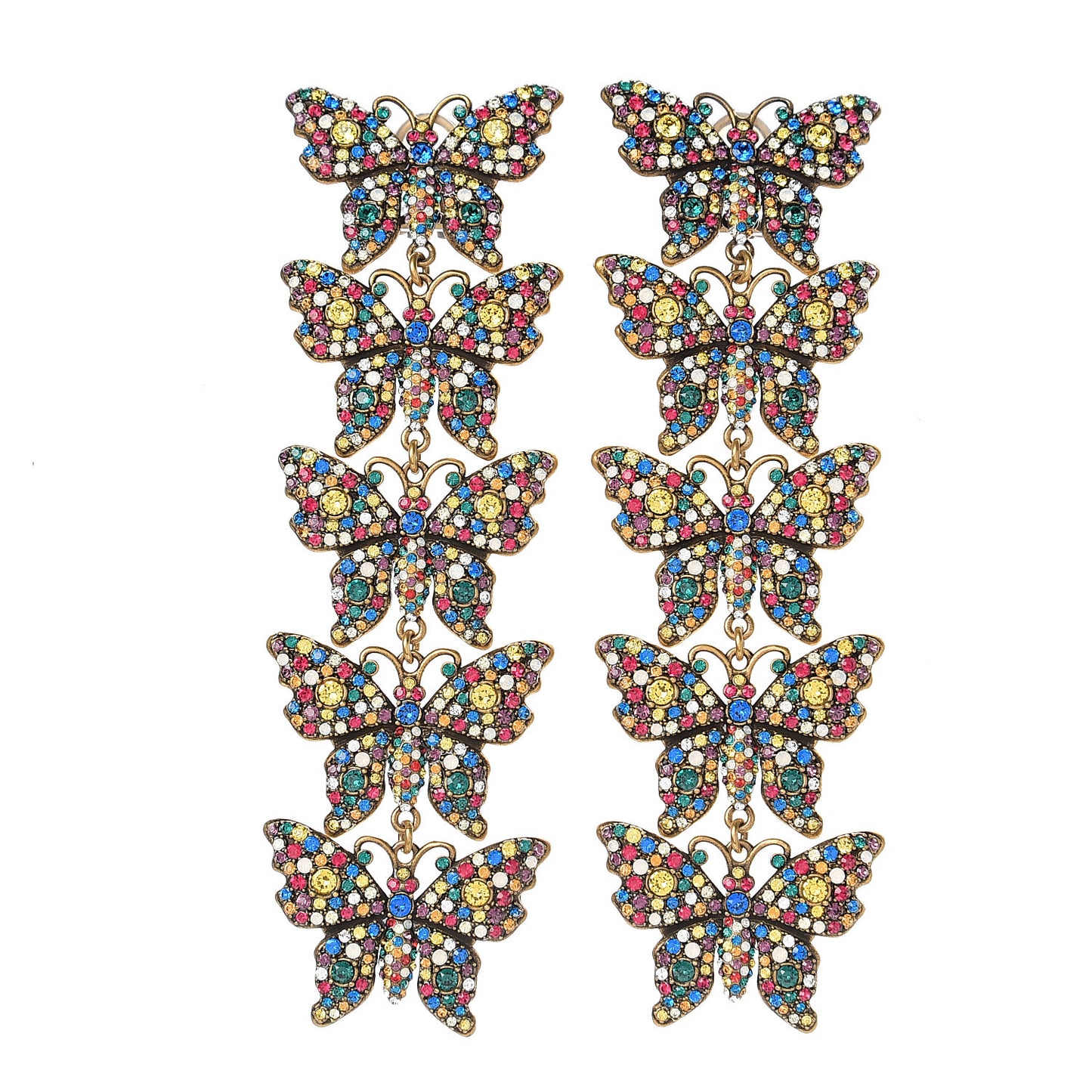 Metal Crystal Butterfly Clip On Drop Earrings Aged Gold Multicolor