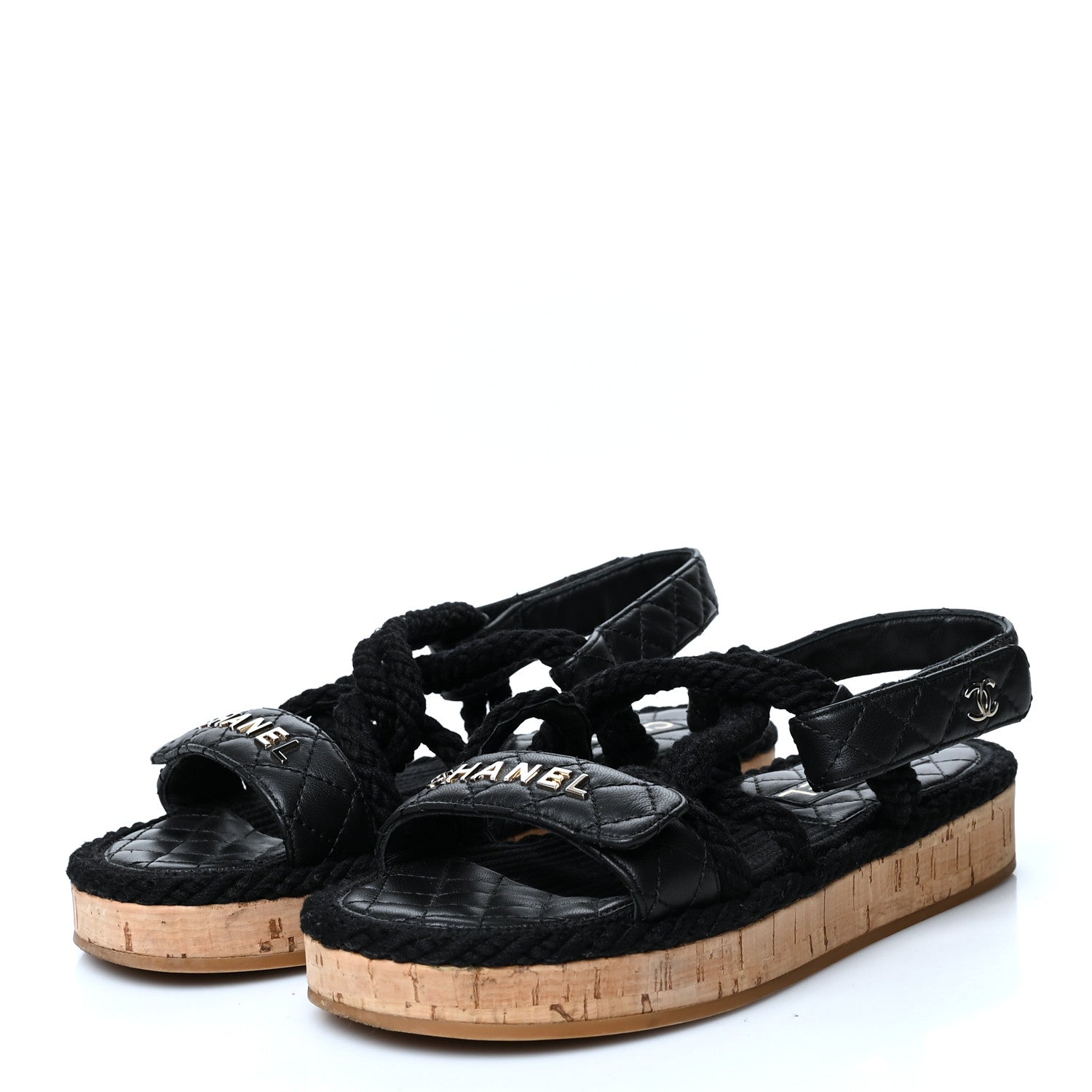 Chanel Cord Lambskin Quilted Logo Sandals 37 Black 3 of 8