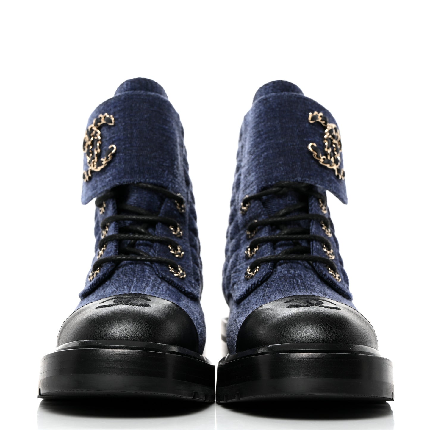 Denim Calfskin Quilted Lace Up Combat Boots 38.5 Blue