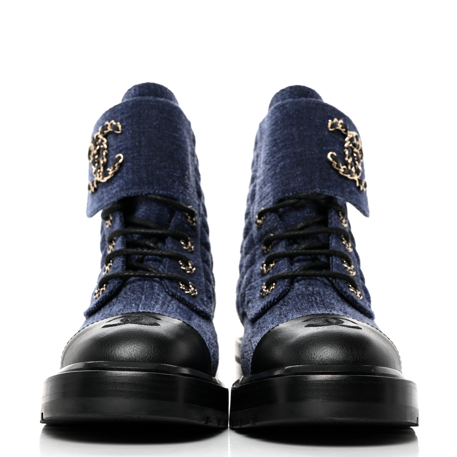 Chanel Denim Calfskin Quilted Lace Up Combat Boots 38.5 Blue 2 of 9