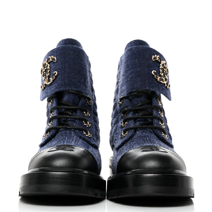 Chanel Denim Calfskin Quilted Lace Up Combat Boots 38.5 Blue 2 of 9
