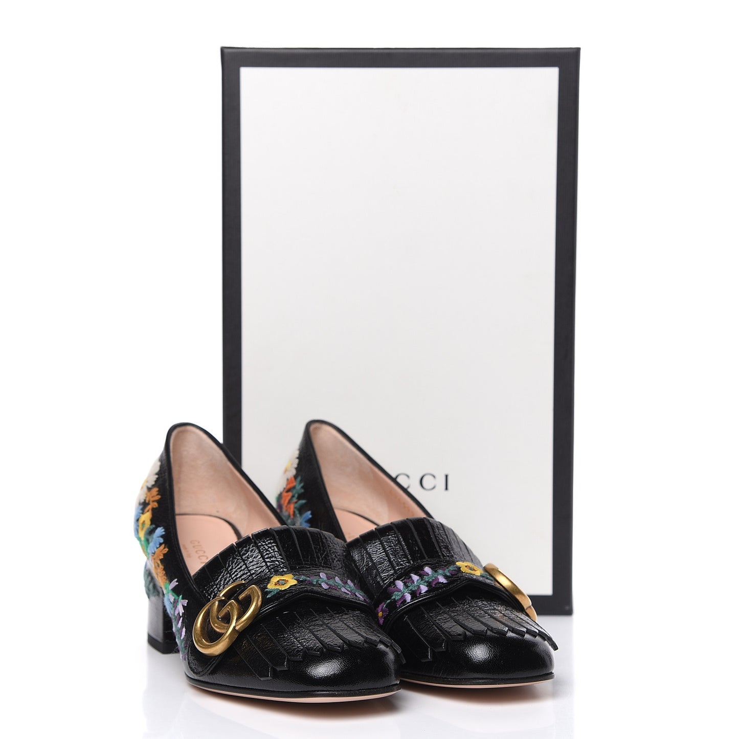 Skipper Calfskin Floral Embroidered GG Marmont Fringe 50mm Loafer Pumps 36.5 Black