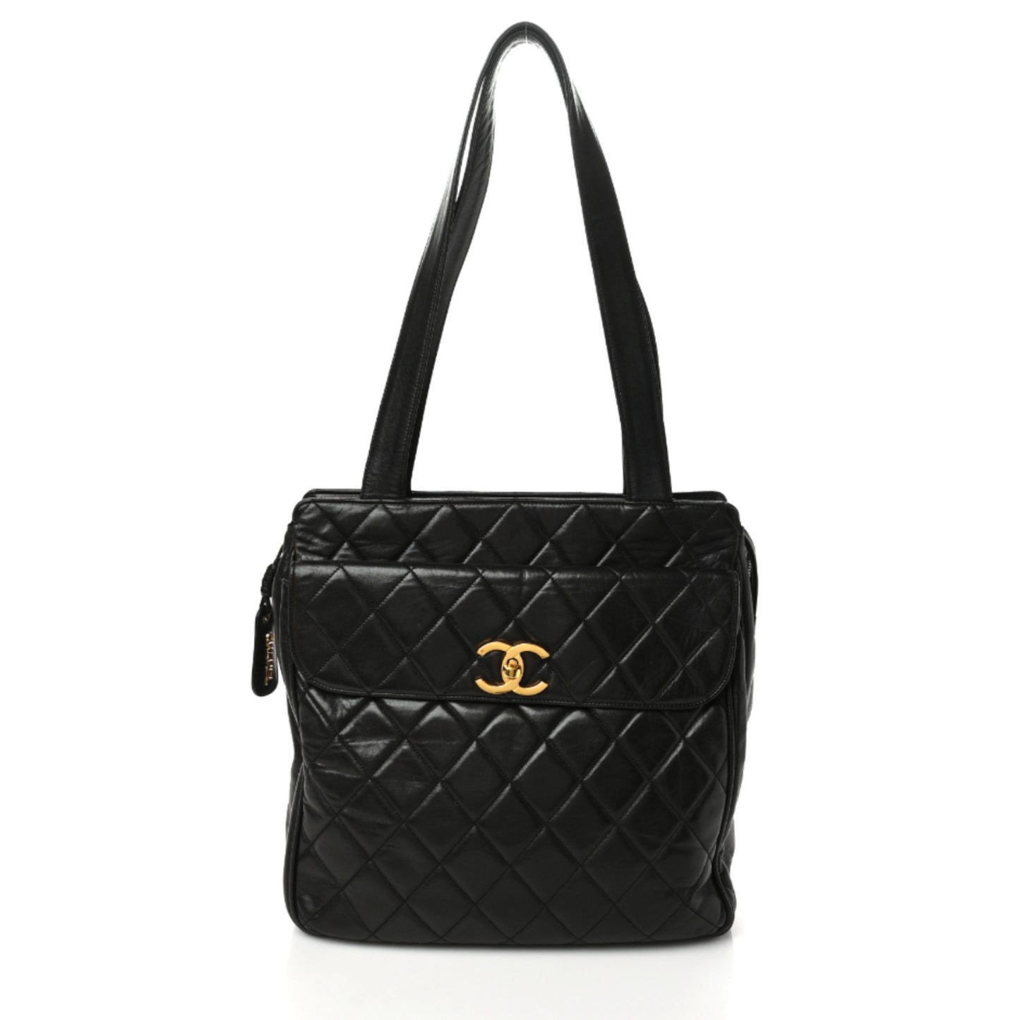 Lambskin Quilted Front Pocket Shopping Tote Black