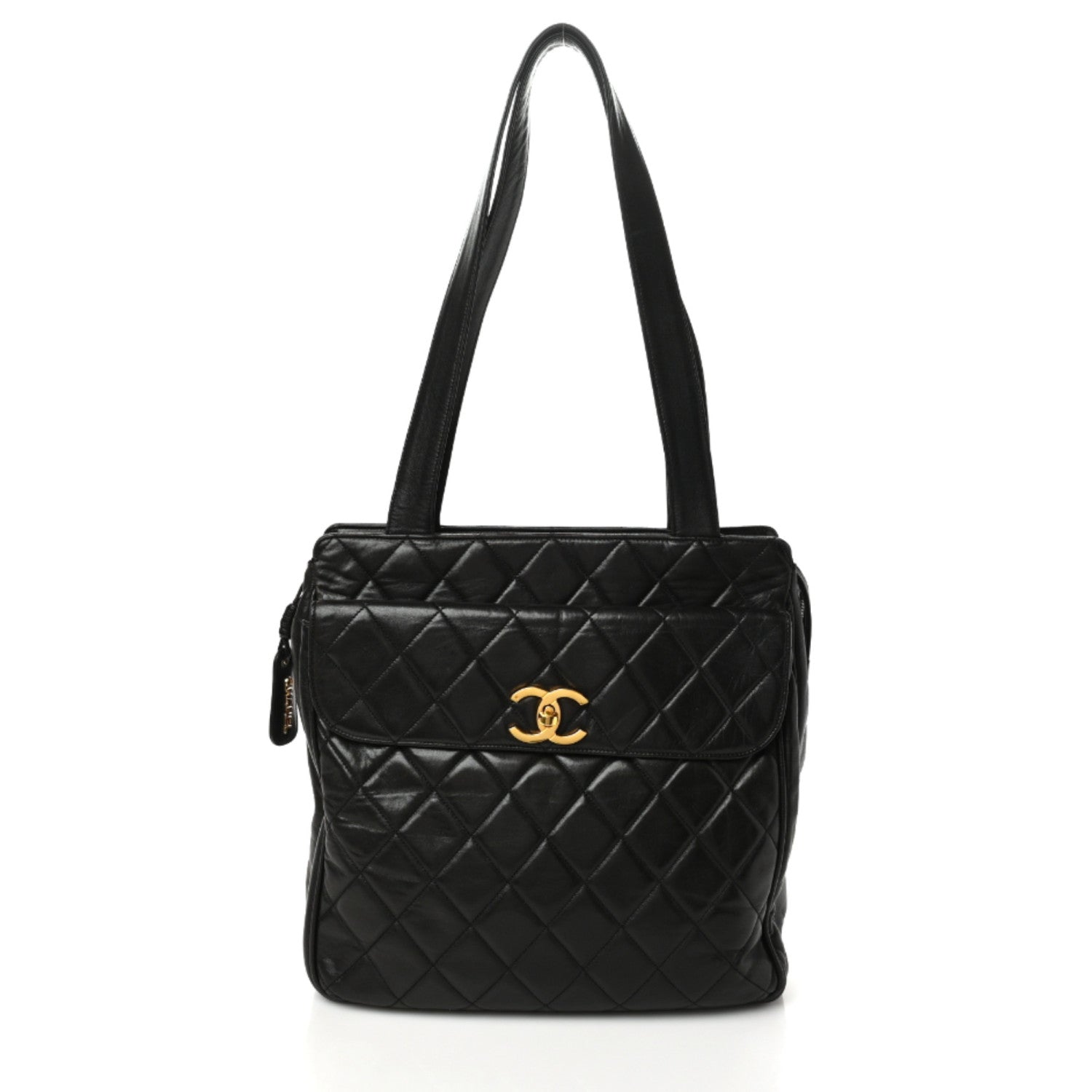 Chanel Lambskin Quilted Front Pocket Shopping Tote Black 1 of 9