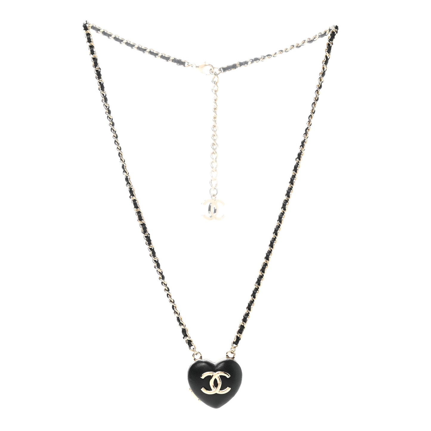 Lambskin CC Heart Mirror Locket Necklace Gold Black