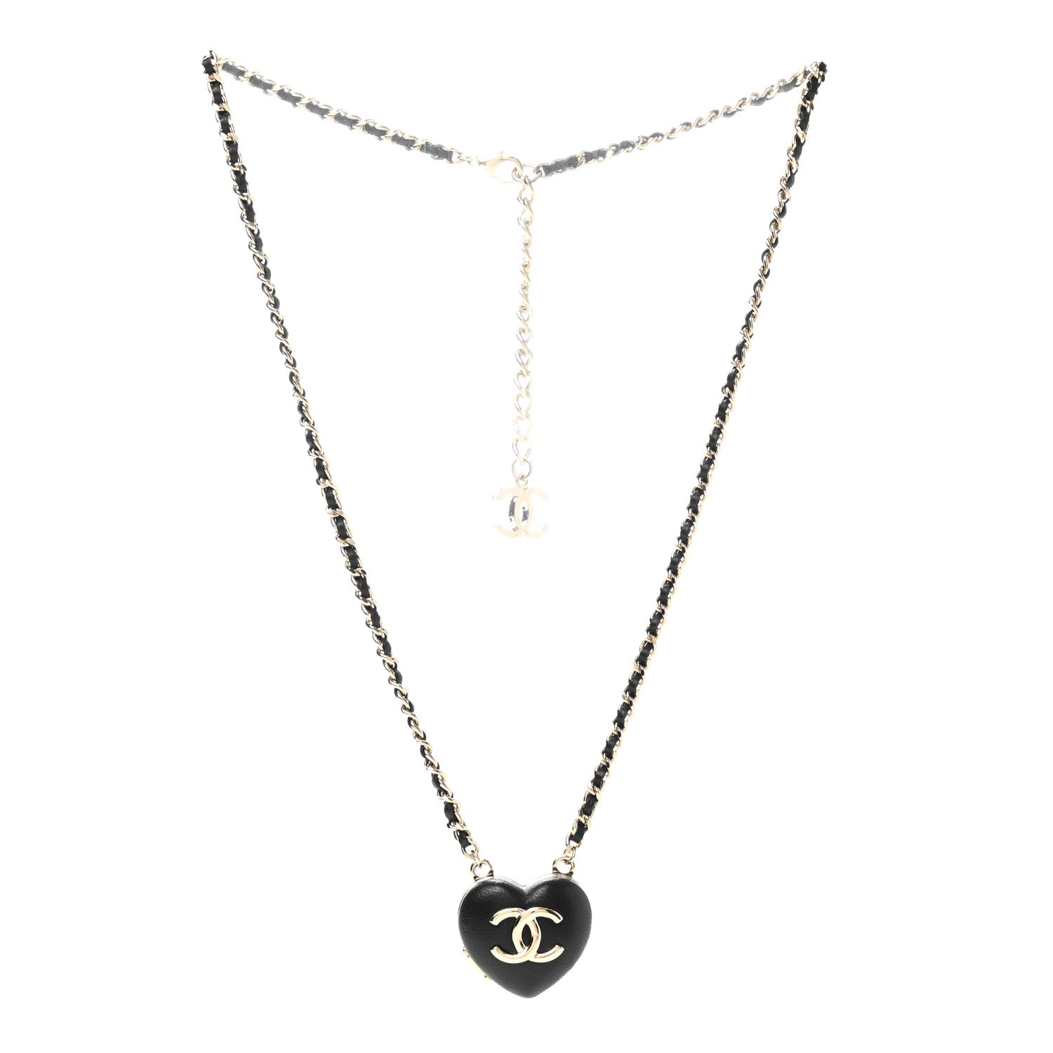 Chanel Lambskin CC Heart Mirror Locket Necklace Gold Black 3 of 8