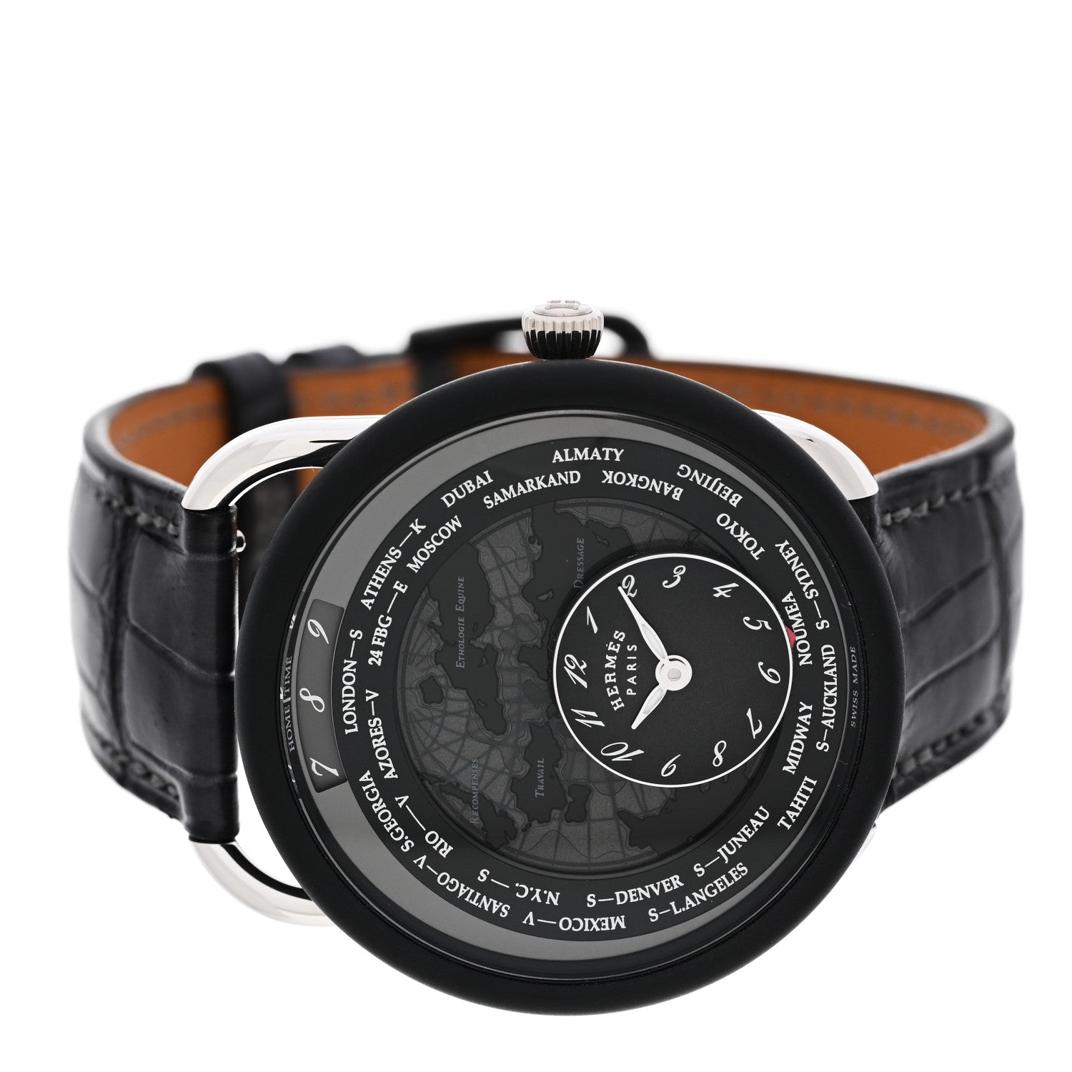 Hermes Platinum Titanium Alligator 43mm Arceau Le Temps Voyageur Automatic Watch Noir 2 of 5