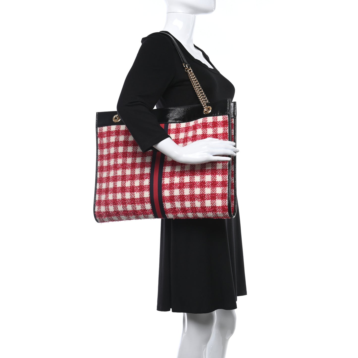 Tweed Check Large Rajah Chain Tote Black Red