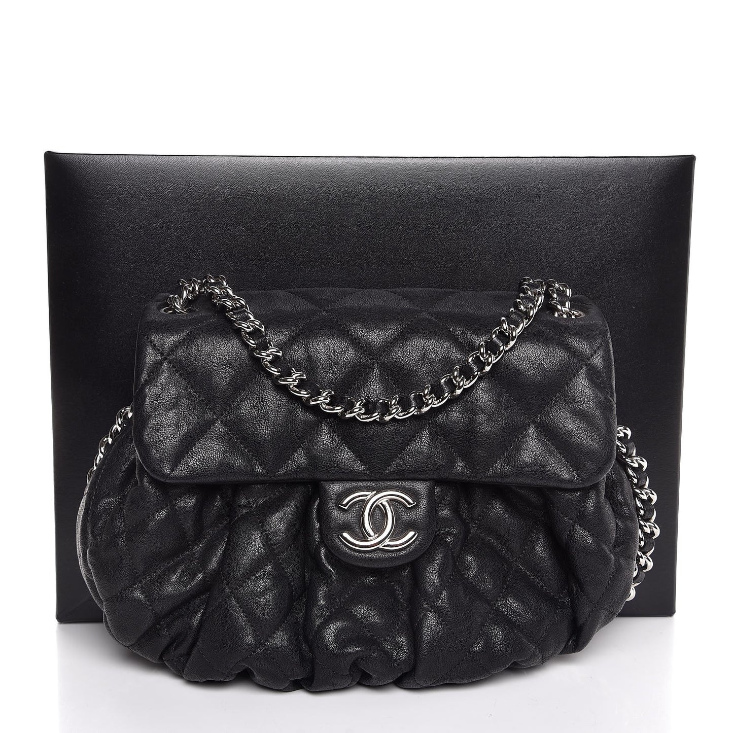 Washed Lambskin Quilted Medium Chain Around Messenger Black