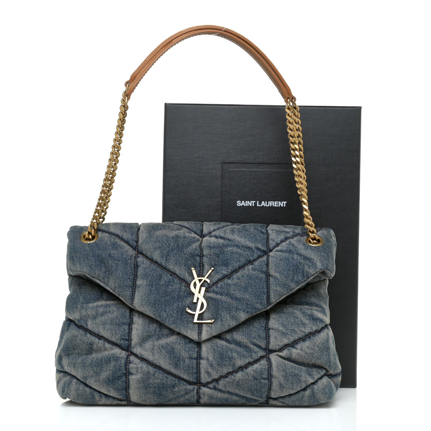 Saint Laurent Denim Quilted Medium Loulou Puffer Monogram Chain Satchel Blue Cinnamon 18 of 18
