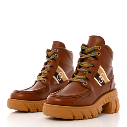 Gucci Quebec Calfskin Web Womens Interlocking G Lace Up Combat Up Combat Boots 38 Cuir Mystic White Ebony Beige 3 of 11