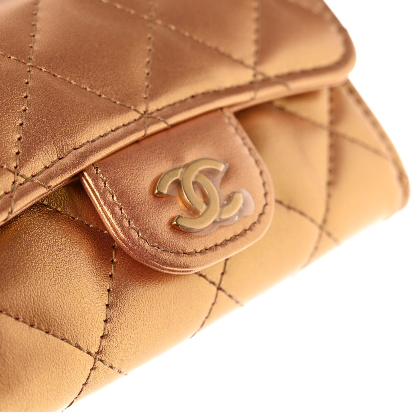 Metallic Lambskin Quilted Flap Card Holder Wallet Golden