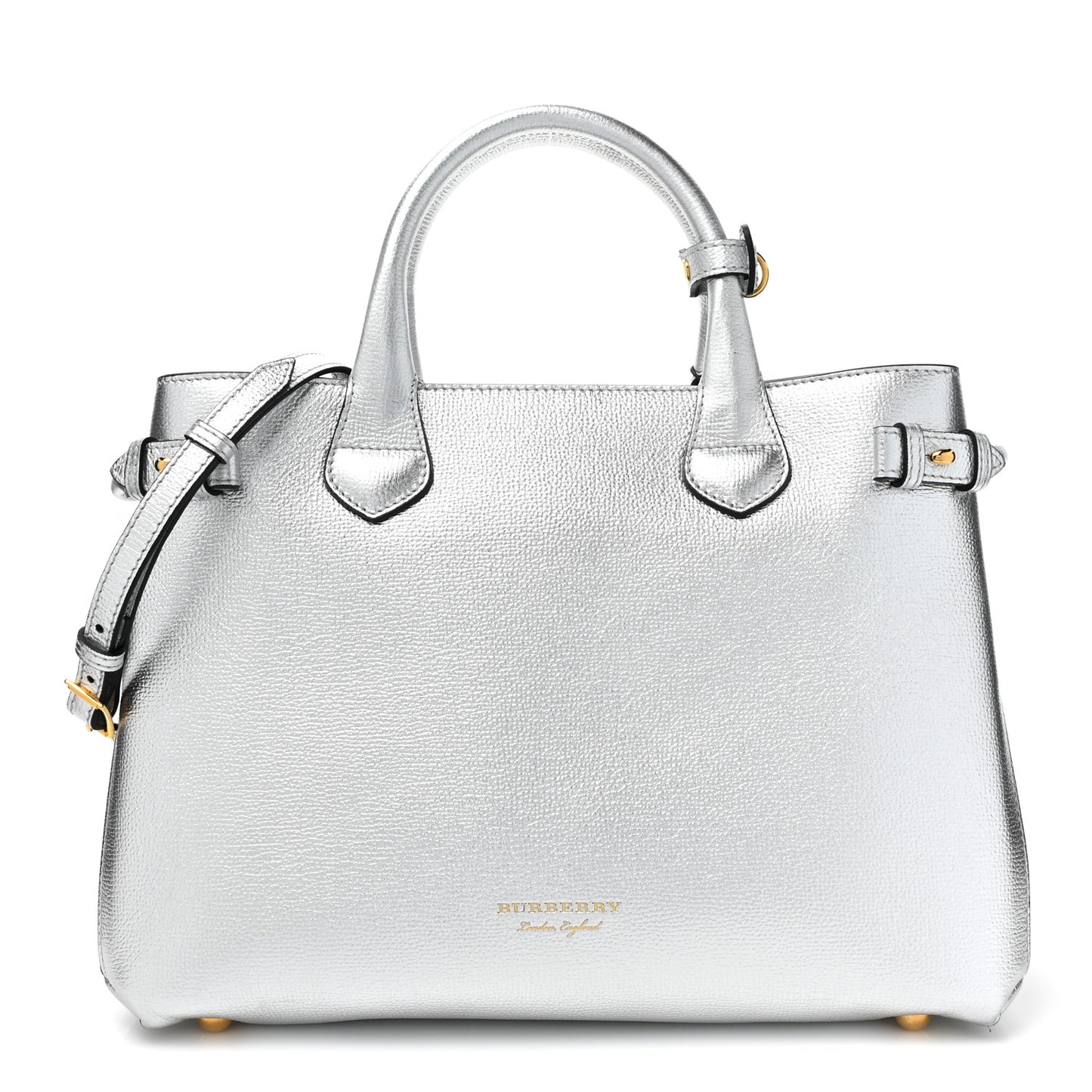 Metallic Grainy Calfskin House Check Medium Banner Tote Silver