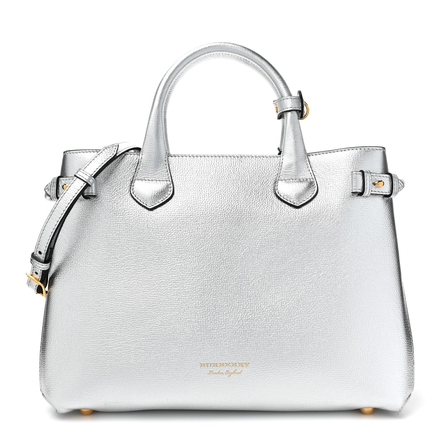 Burberry Metallic Grainy Calfskin House Check Medium Banner Tote Silver 1 of 14