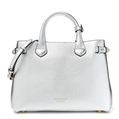 Burberry Metallic Grainy Calfskin House Check Medium Banner Tote Silver 1 of 14