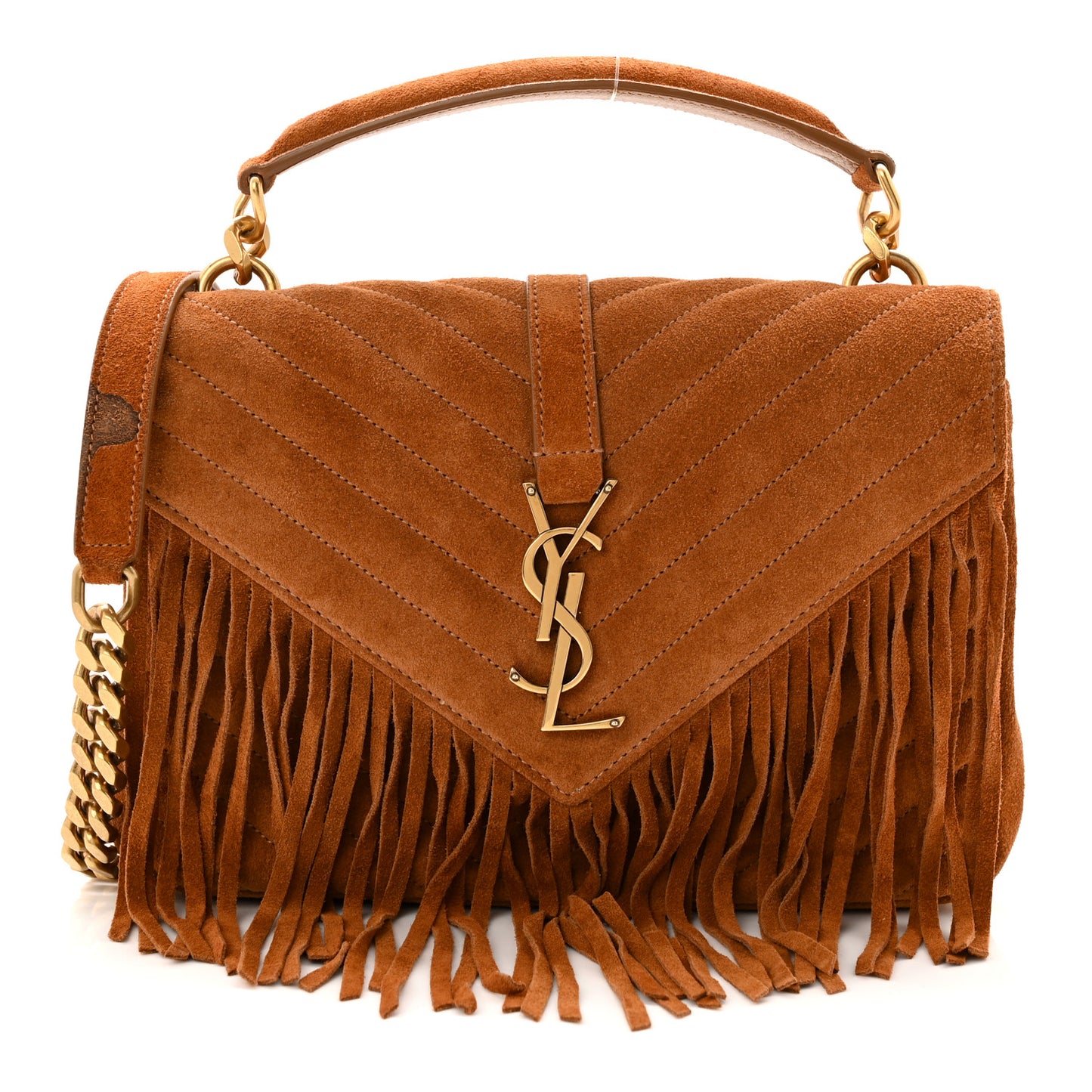 Suede Matelasse Chevron Fringe Monogram Medium College Bag Cinnamon