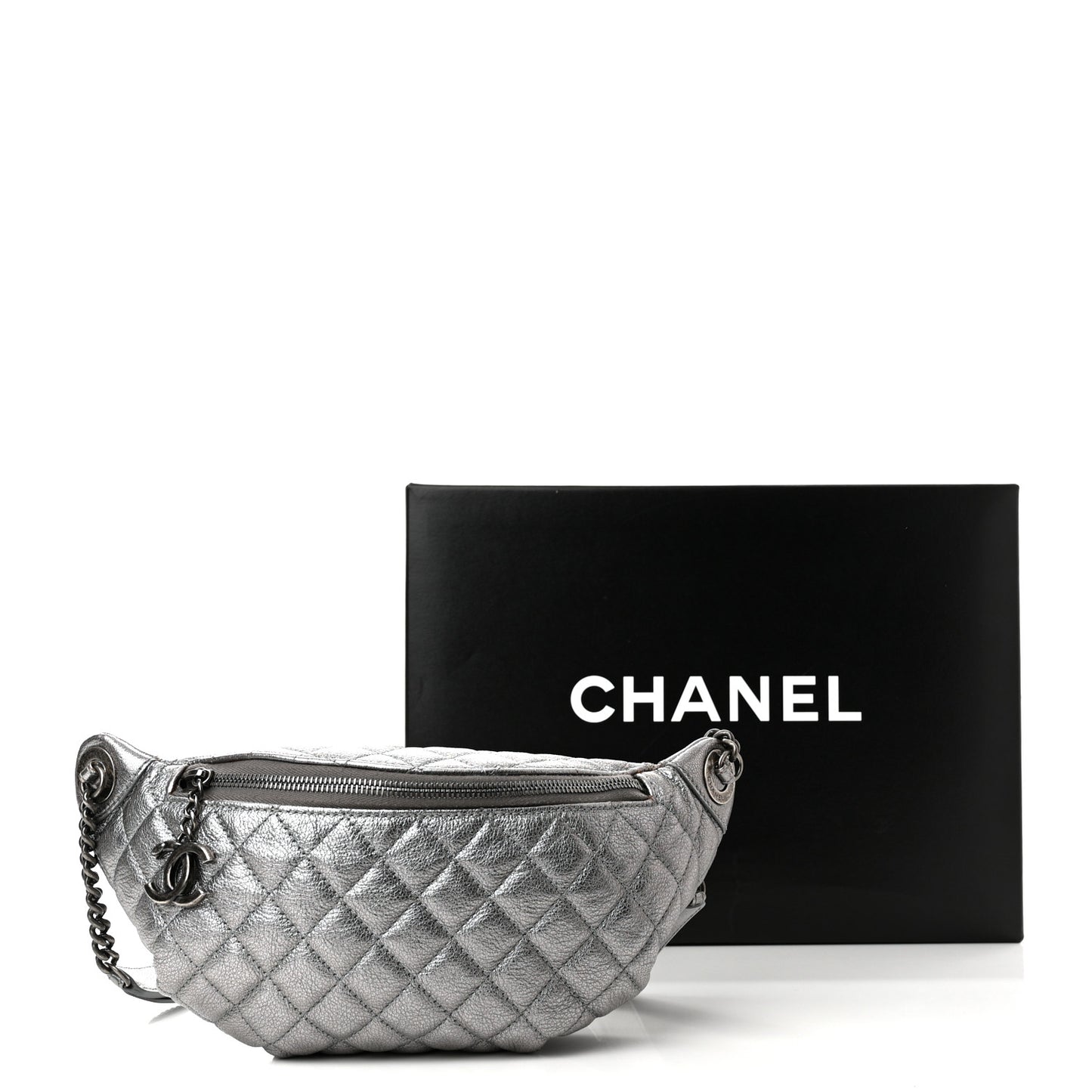 Metallic Calfskin Quilted Banane Waist Bag Fanny Pack Silver