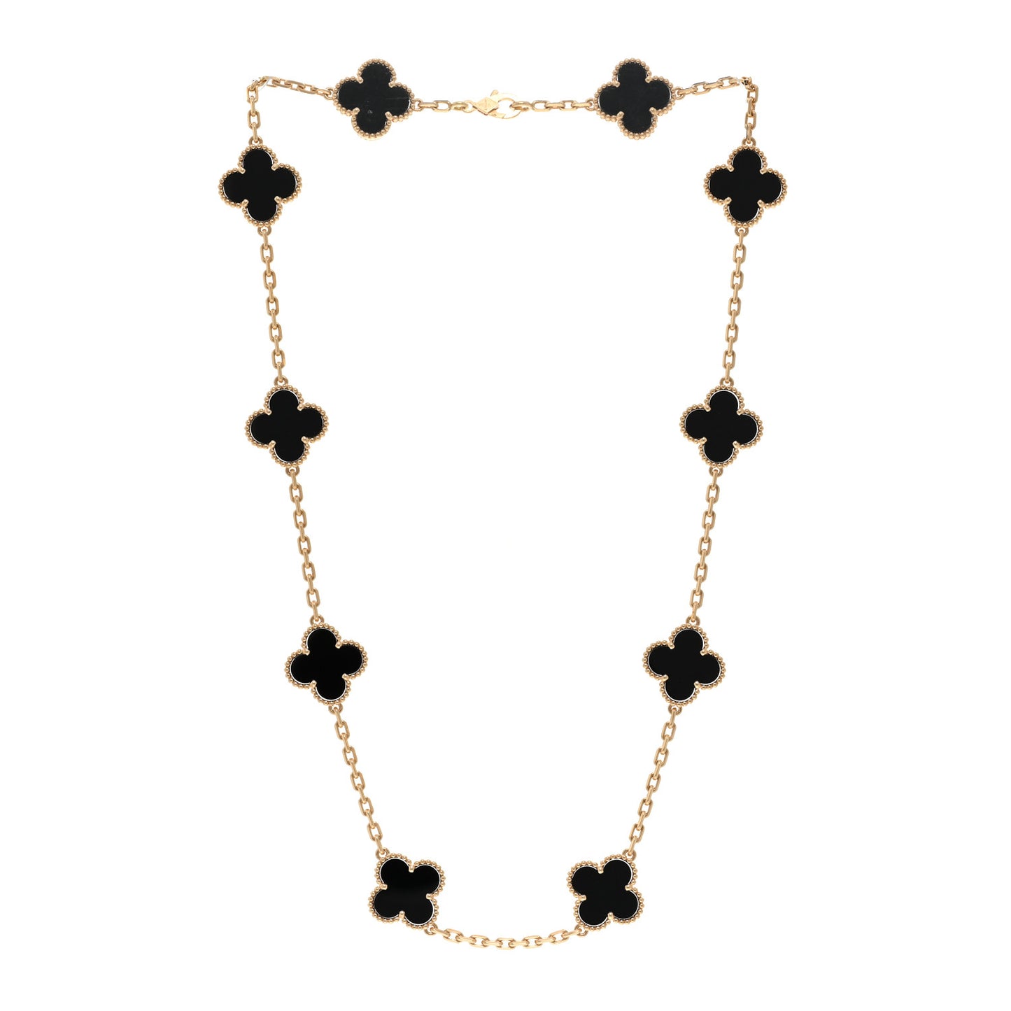 18K Yellow Gold Black Onyx 10 Motifs Vintage Alhambra Necklace