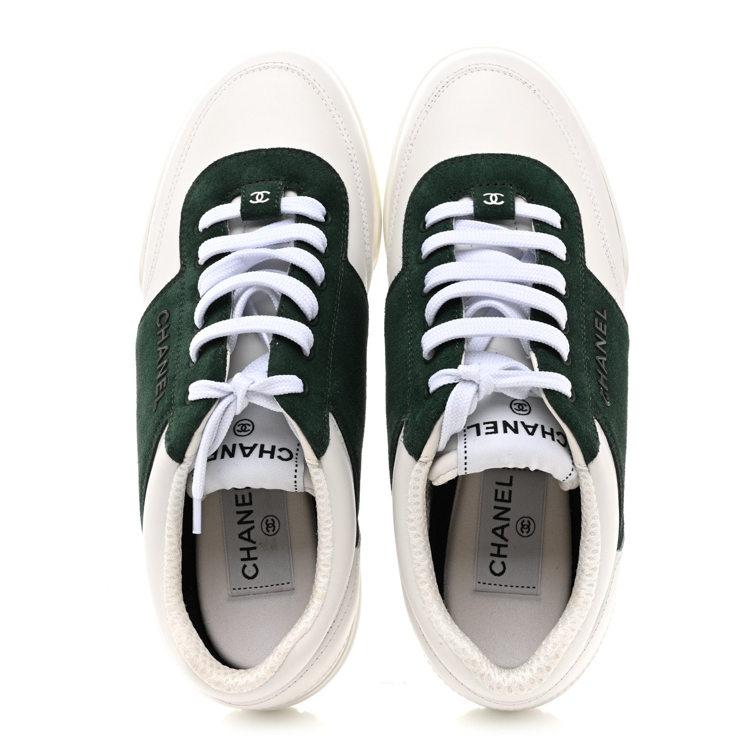 Chanel Calfskin Suede Calfskin Logo Womens Sneakers 37.5 White Dark Green 2 of 10