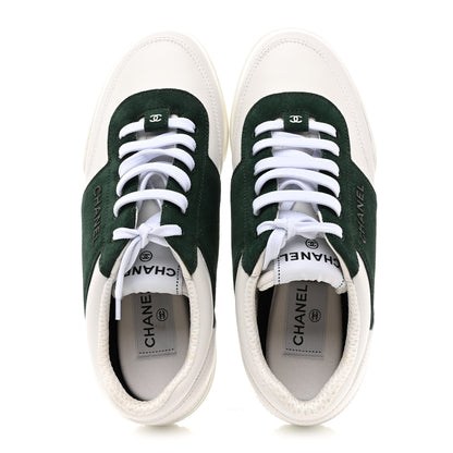 Chanel Calfskin Suede Calfskin Logo Womens Sneakers 37.5 White Dark Green 2 of 10