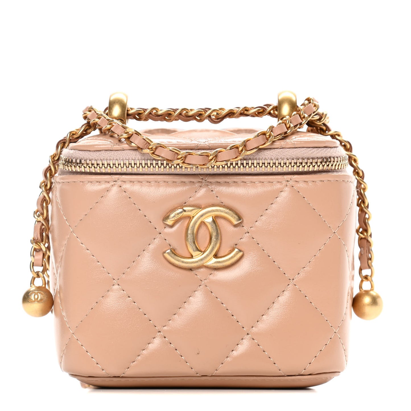 Calfskin Quilted Mini Perfect Fit Vanity Case With Chain Beige