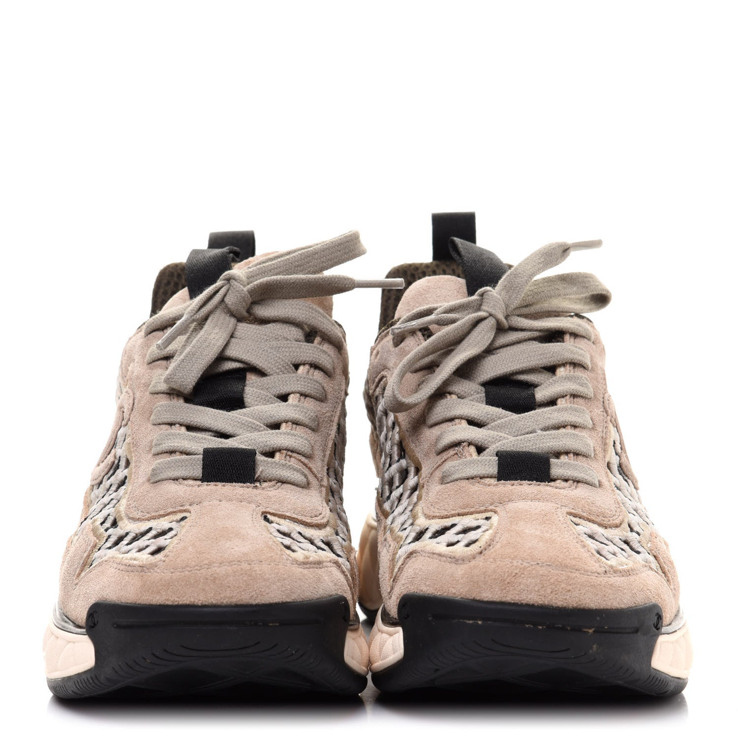 Chanel Suede Calfskin Embroidered CC Sneakers 38 Beige Black 2 of 9