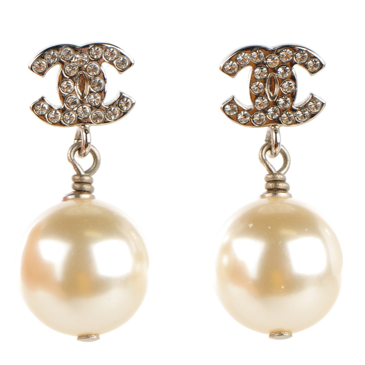 Chanel Crystal CC Pearl Drop Earrings Gold 1 of 4