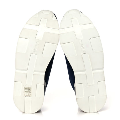 Hermes Technical Canvas Calfskin Suede Goatskin Womens Buster Sneakers 37 Marine White 5 of 10