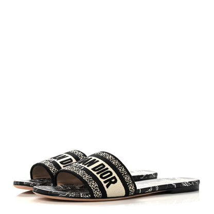 Christian Dior Canvas Around the World Embroidered Dway Flat Slide Sandals 38 Black White 3 of 9